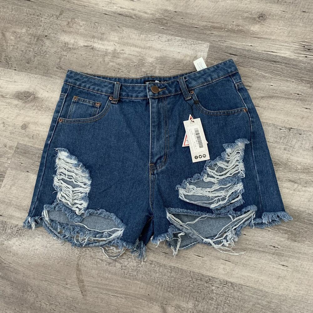 Boohoo Denim Shorts Womens Size 10 Cut Offs Distressed Destroyed Longer Blue NEW